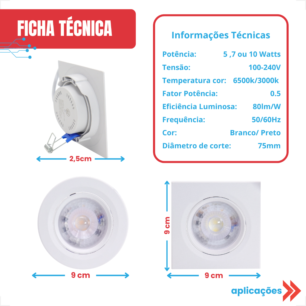 Spot LED 7W Quadrado Branco Embutir Direcional Bivolt Luminária