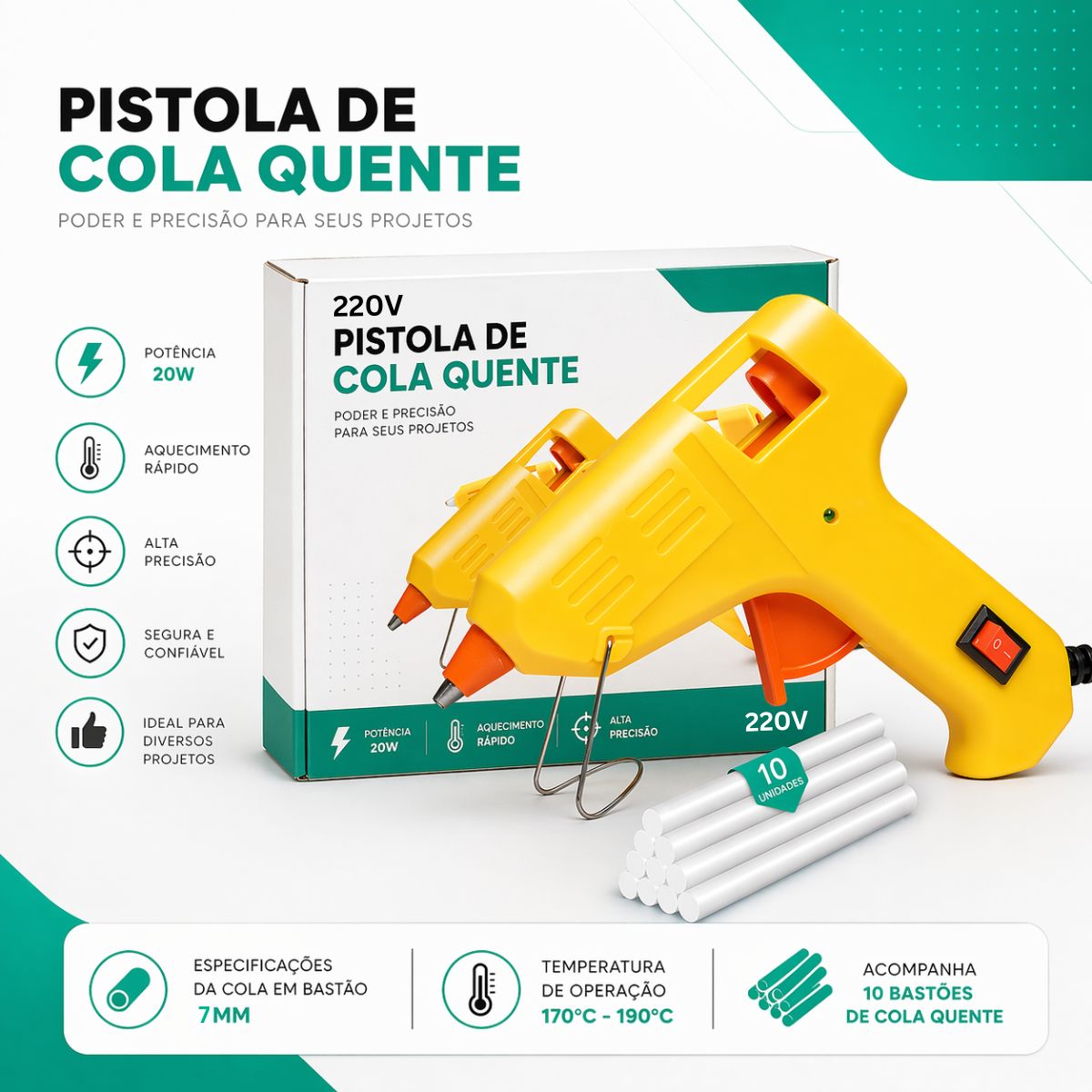 Pistola Aplicadora de Cola Quente 20W + 10 Bastões Finos 7mm Secagem Rápida 110V e 220V Artesanato