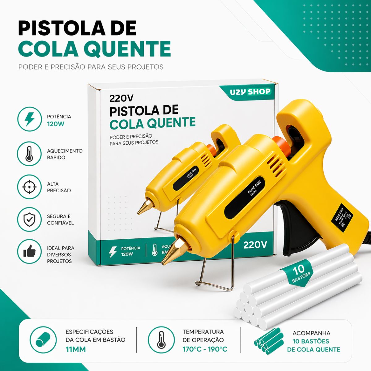 Máquina Profissional Pistola de Cola Quente 120W + 10 Bastões Grossos 11mm Secagem Rápida