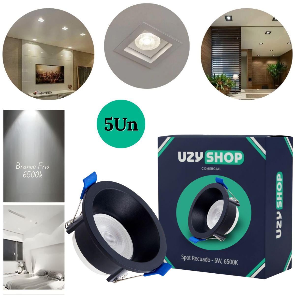 Spot LED Recuado 6W Redondo Preto Embutir Anti-ofuscante Bivolt