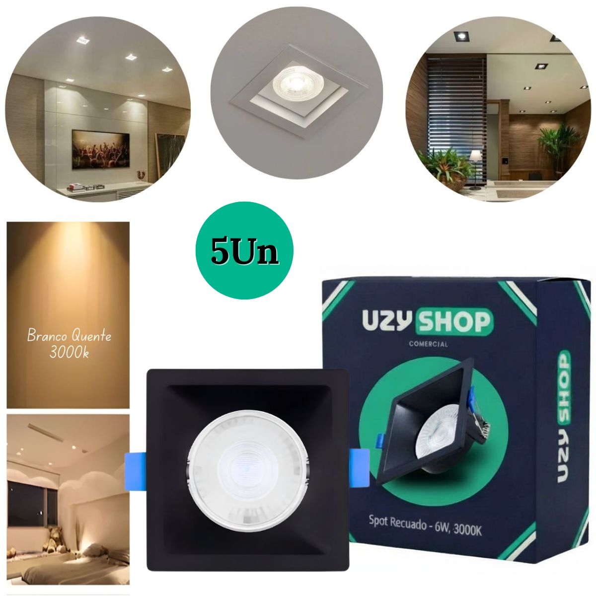 Spot LED Recuado 6W Quadrado Preto Embutir Anti-ofuscante Bivolt