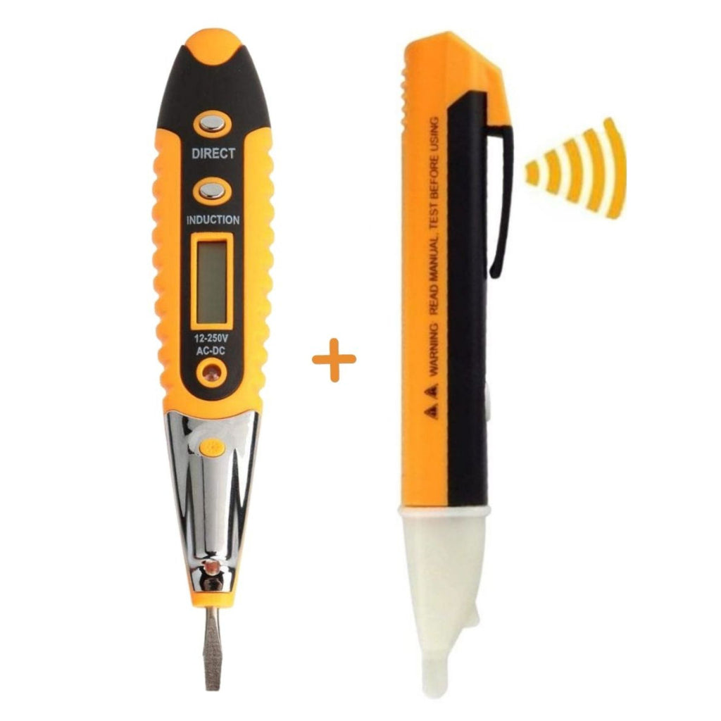 Kit testador de tomada digital com caneta detectora de tensão, ideal para medições seguras e práticas.