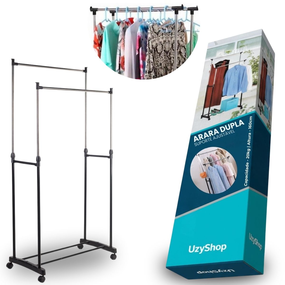 Arara Dupla De Roupas Altura Regulável Sapateira E Rodinha Aço Inox Cabideiro