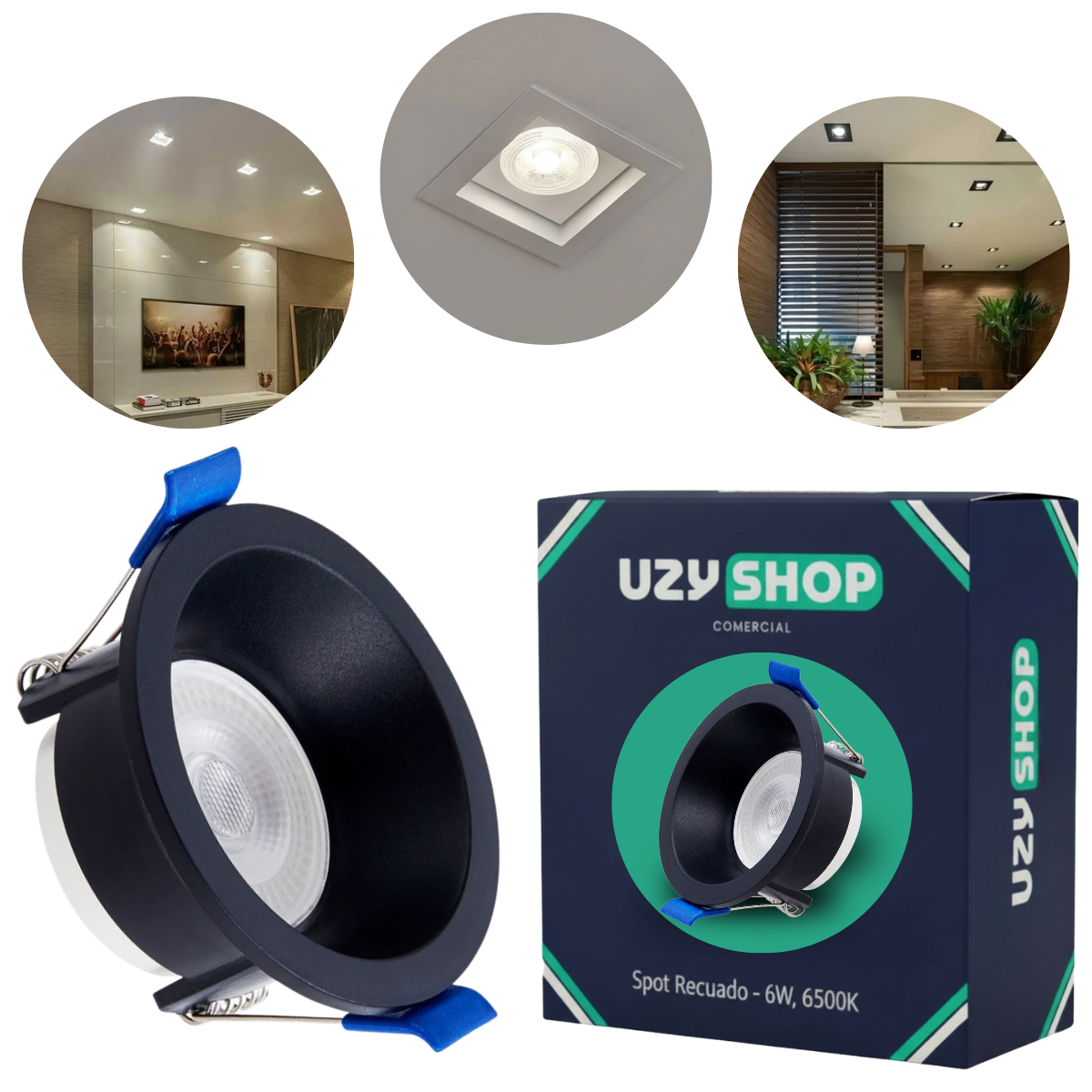 Spot LED Recuado 6W Redondo Preto Embutir Anti-ofuscante Bivolt