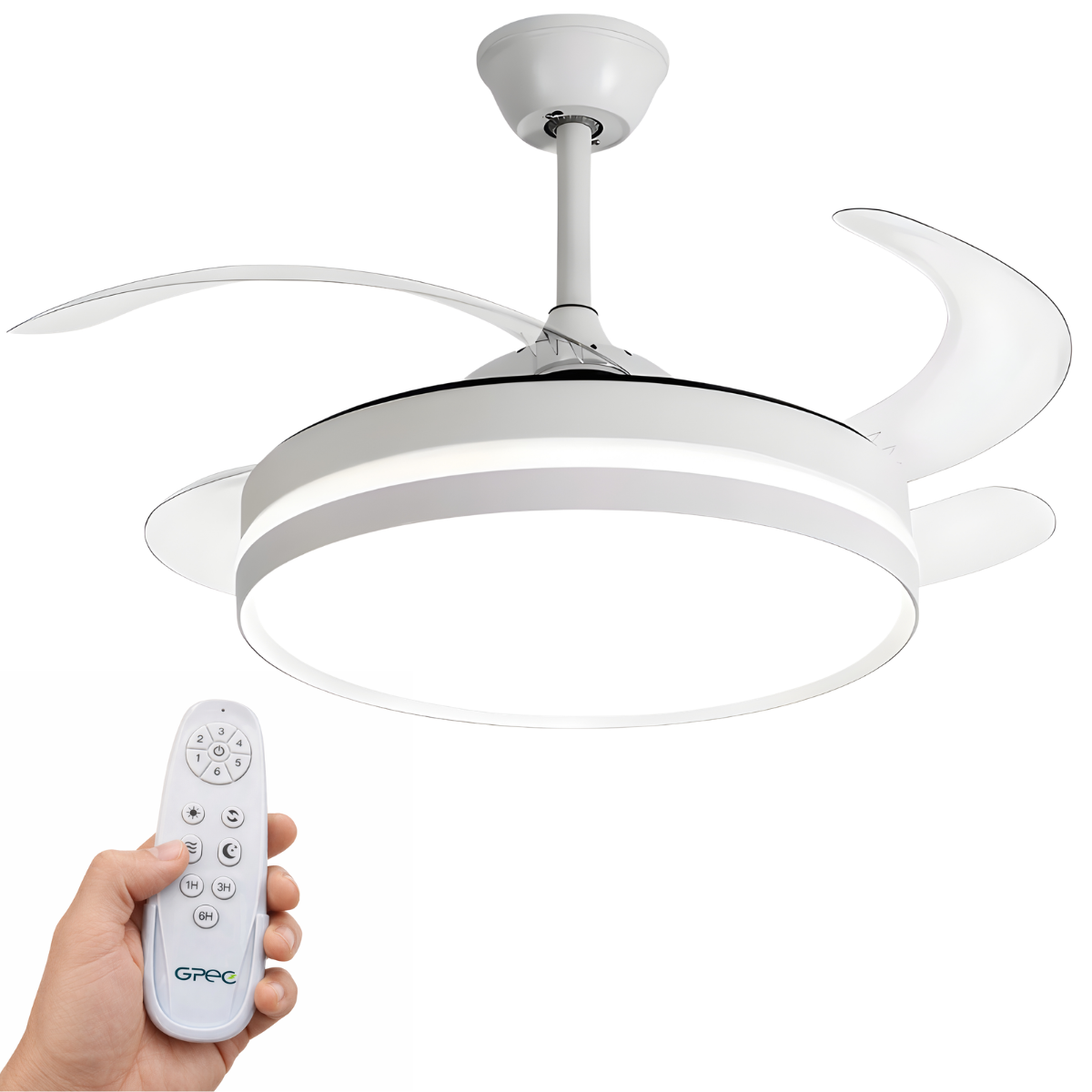 Ventilador de Teto LED Retrátil 46cm 6 Velocidades Controle 
