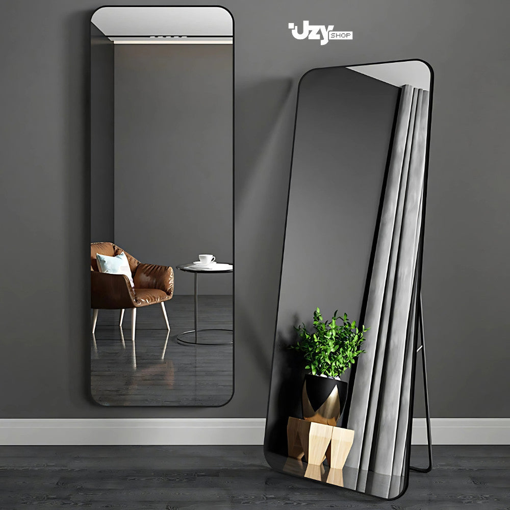 Espelho Base Reta Corpo Inteiro 147x37 Com Suporte de Chão Moldura Alumínio Quarto Sala Decorativo