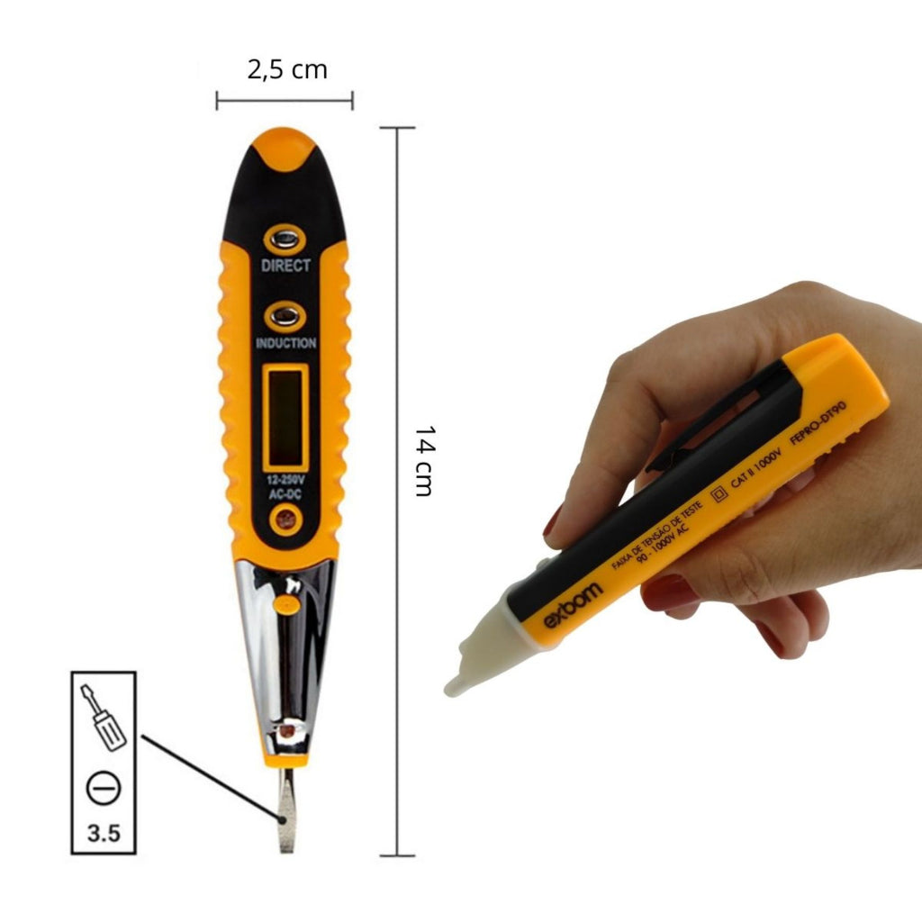 Kit testador de tomada digital com caneta detectora, ideal para medições seguras e práticas em instalações elétricas.