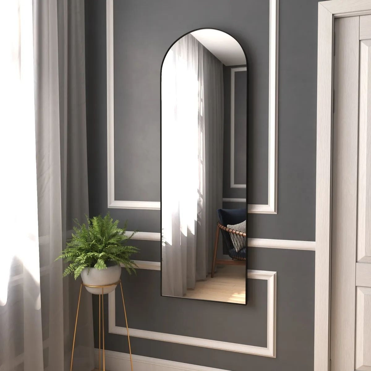 Espelho Corpo Inteiro 147x37 Cantos Arredondados Moldura Preta, Prata ou Dourado