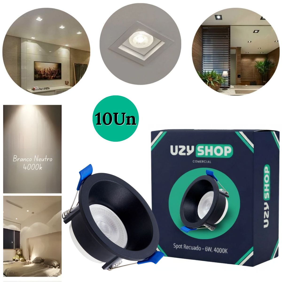 Spot LED Recuado 6W Redondo Preto Embutir Anti-ofuscante Bivolt