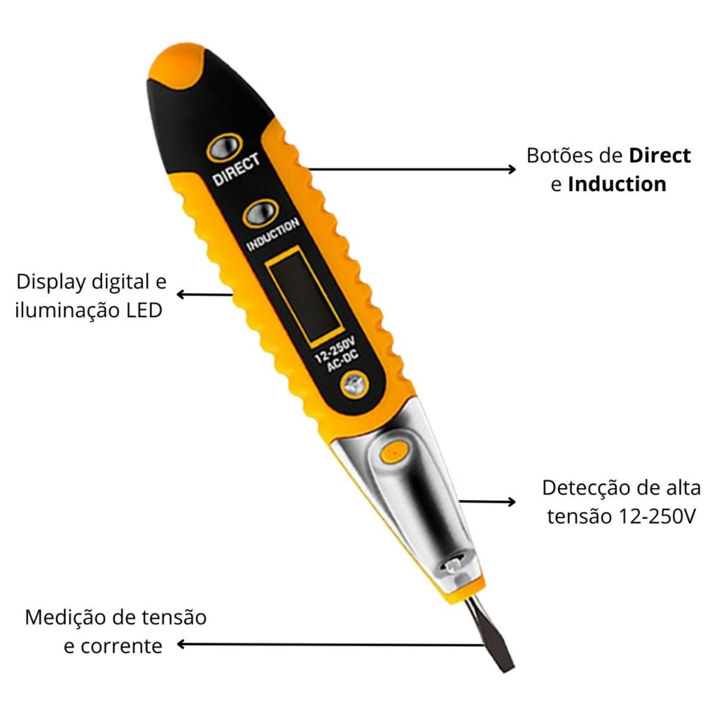 Testador de tomada digital com display LED, ideal para medir tensão e corrente em tomadas de 12 a 250V.