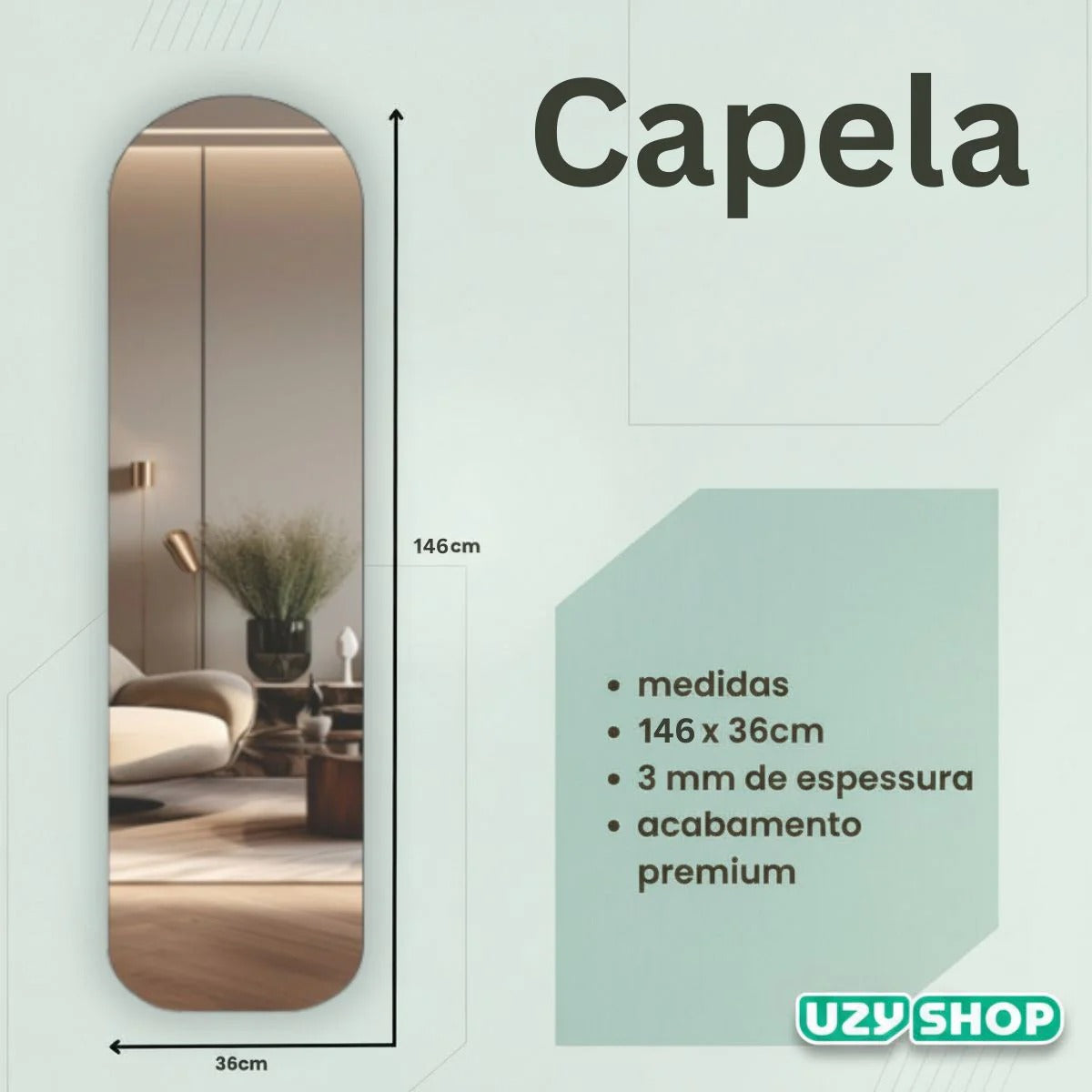 Espelho Capela 146x36cm com Suporte de Chão e Parede Moldura Colorida