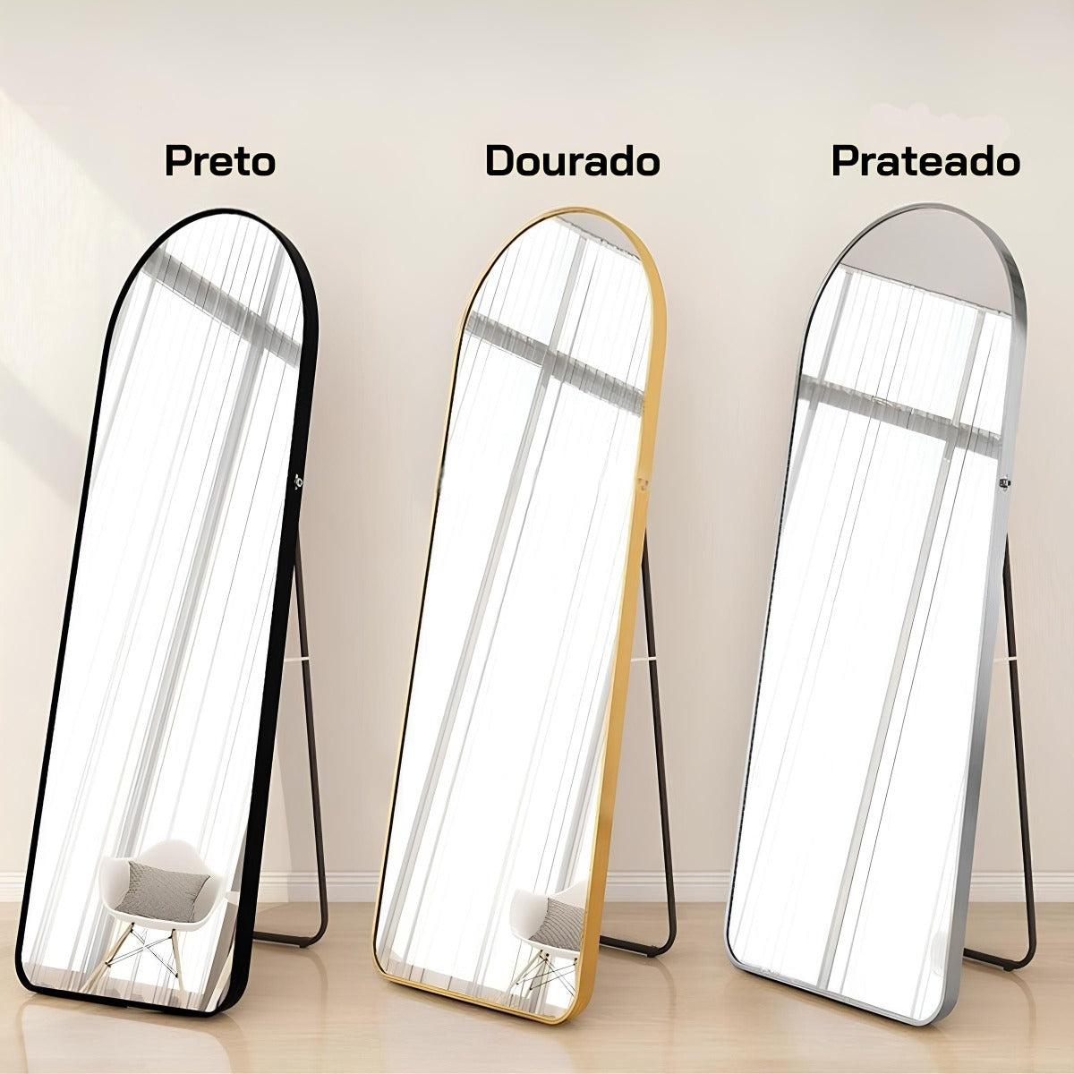 Espelho Corpo Inteiro 147x37 Cantos Arredondados Moldura Preta, Prata ou Dourado