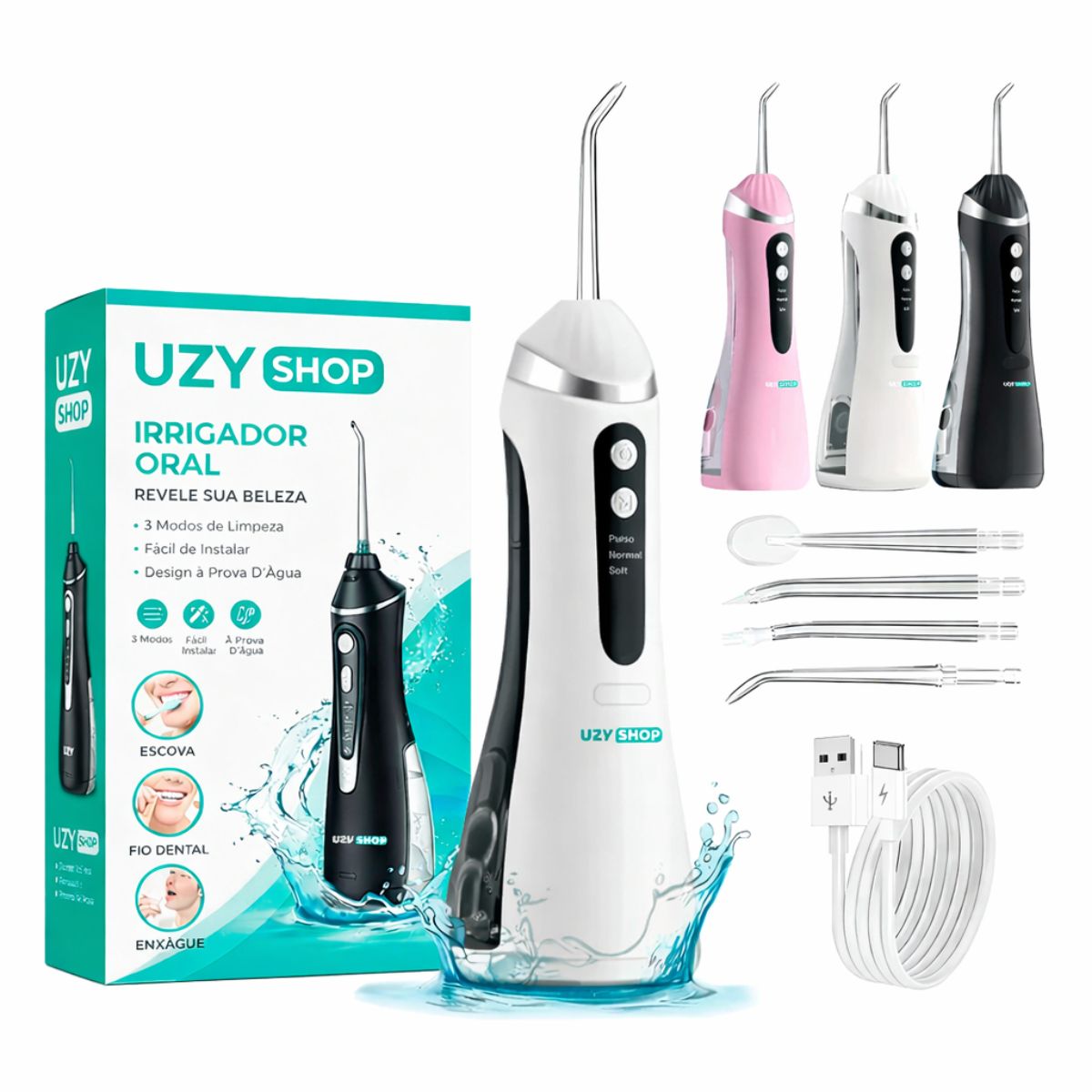 Irrigador Oral Limpeza Bucal Portátil 3 Modos 140psi 200mL 4 Bicos