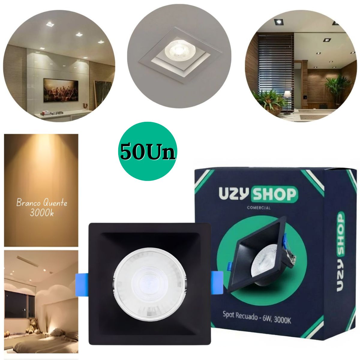 Spot LED Recuado 6W Quadrado Preto Embutir Anti-ofuscante Bivolt