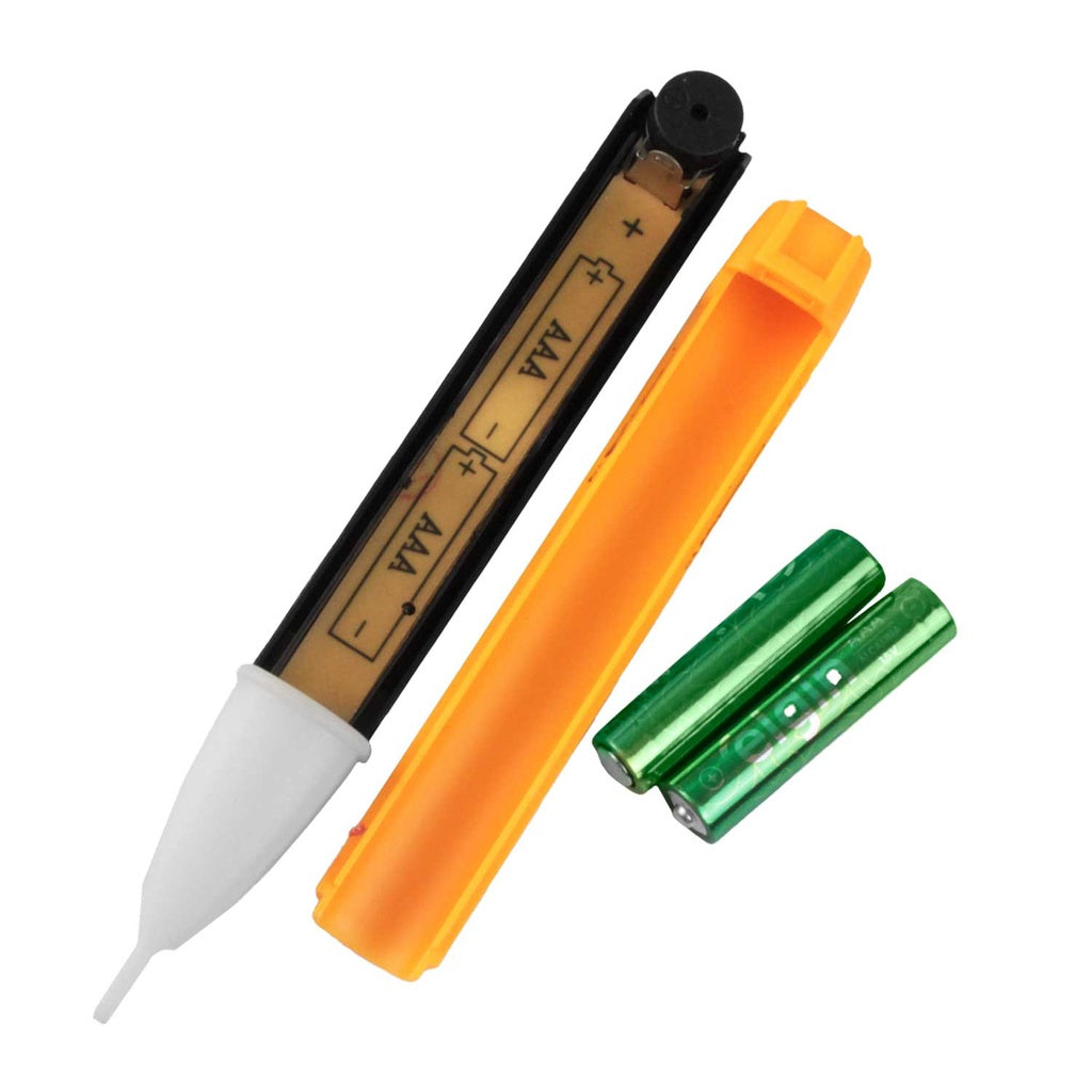 Kit testador de tomada digital com caneta detectora, estojo e pilhas para medições elétricas seguras.