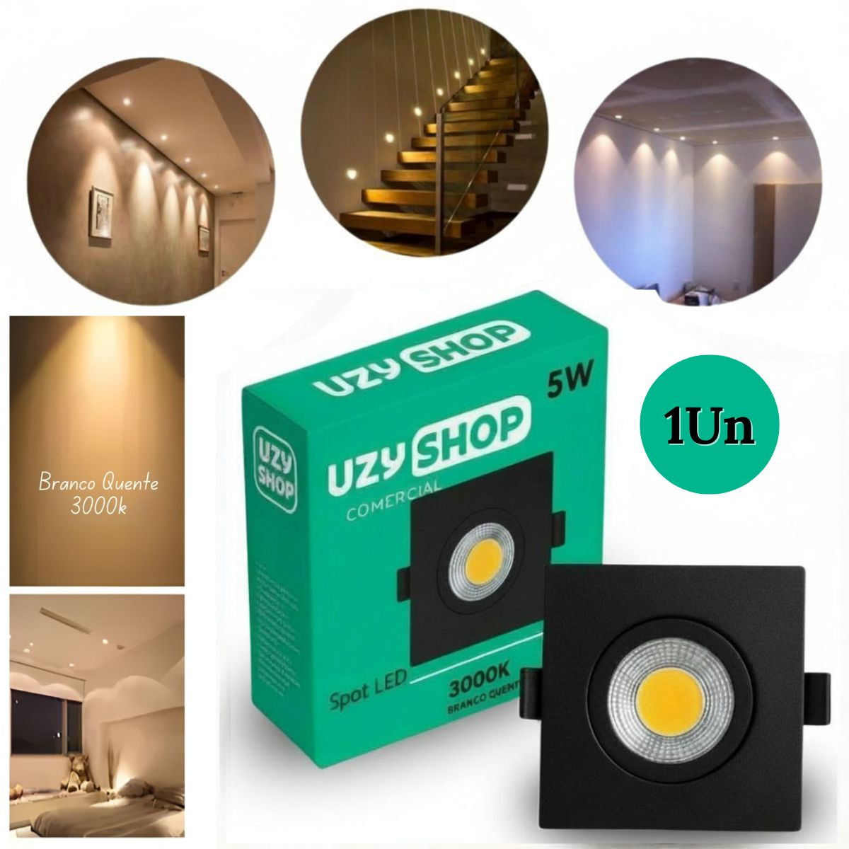 Spot LED 5W Quadrado Preto Embutir Direcional Bivolt Moderno
