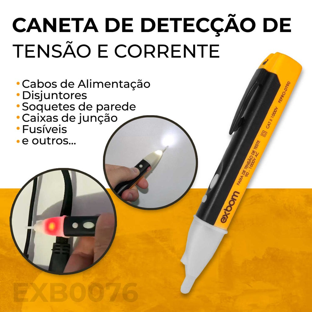 Testador de tomada digital e caneta detectora, ideal para segurança e praticidade em medições elétricas.