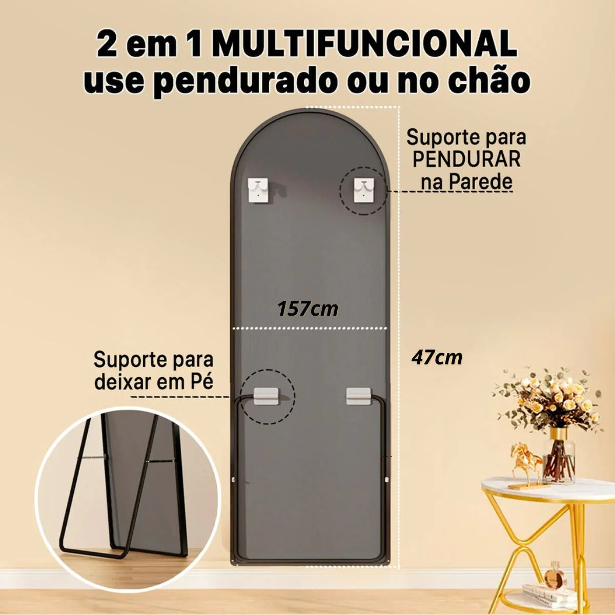 Espelho De Chão 157x47cm Oval Corpo Inteiro Moldura Alumínio