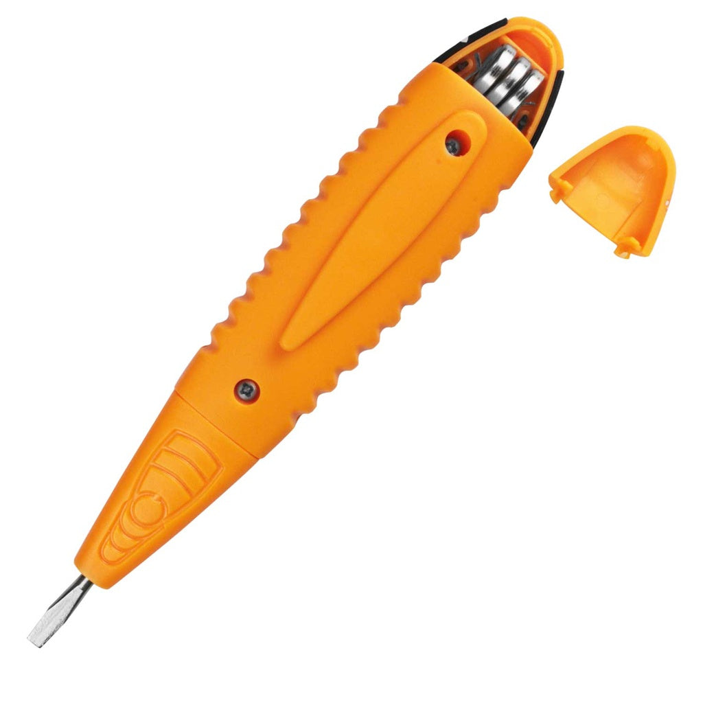 Testador de tomada digital laranja com tampa removível, ideal para medições elétricas seguras e práticas.