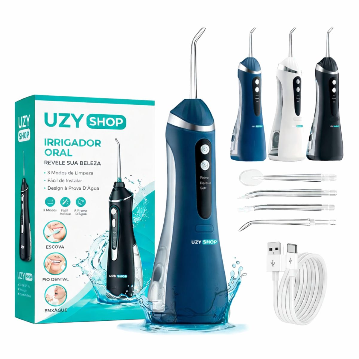 Irrigador Oral Limpeza Bucal Portátil 3 Modos 140psi 200mL 4 Bicos