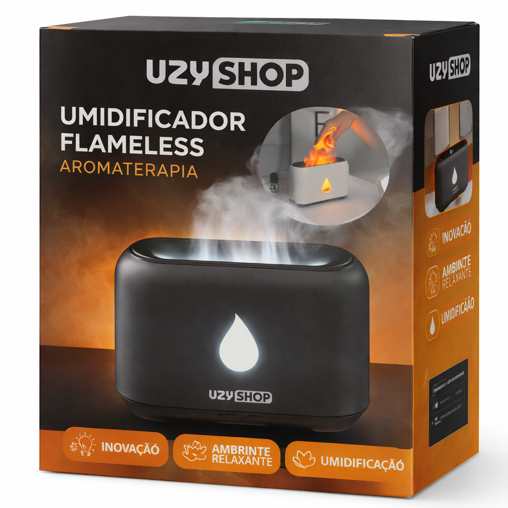 Umidificador Difusor de Ar Ultrassônico Chama Fogo Realista 200ml USB Tipo-C
