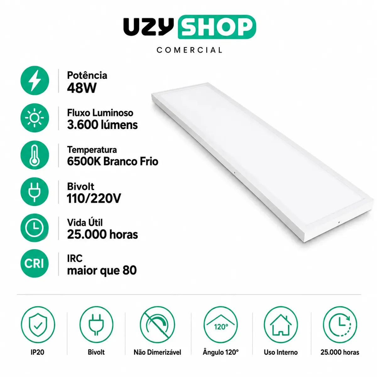 Painel Luminária 120x30cm Plafon Retangular Led Sobrepor 48w 6500k Bivolt