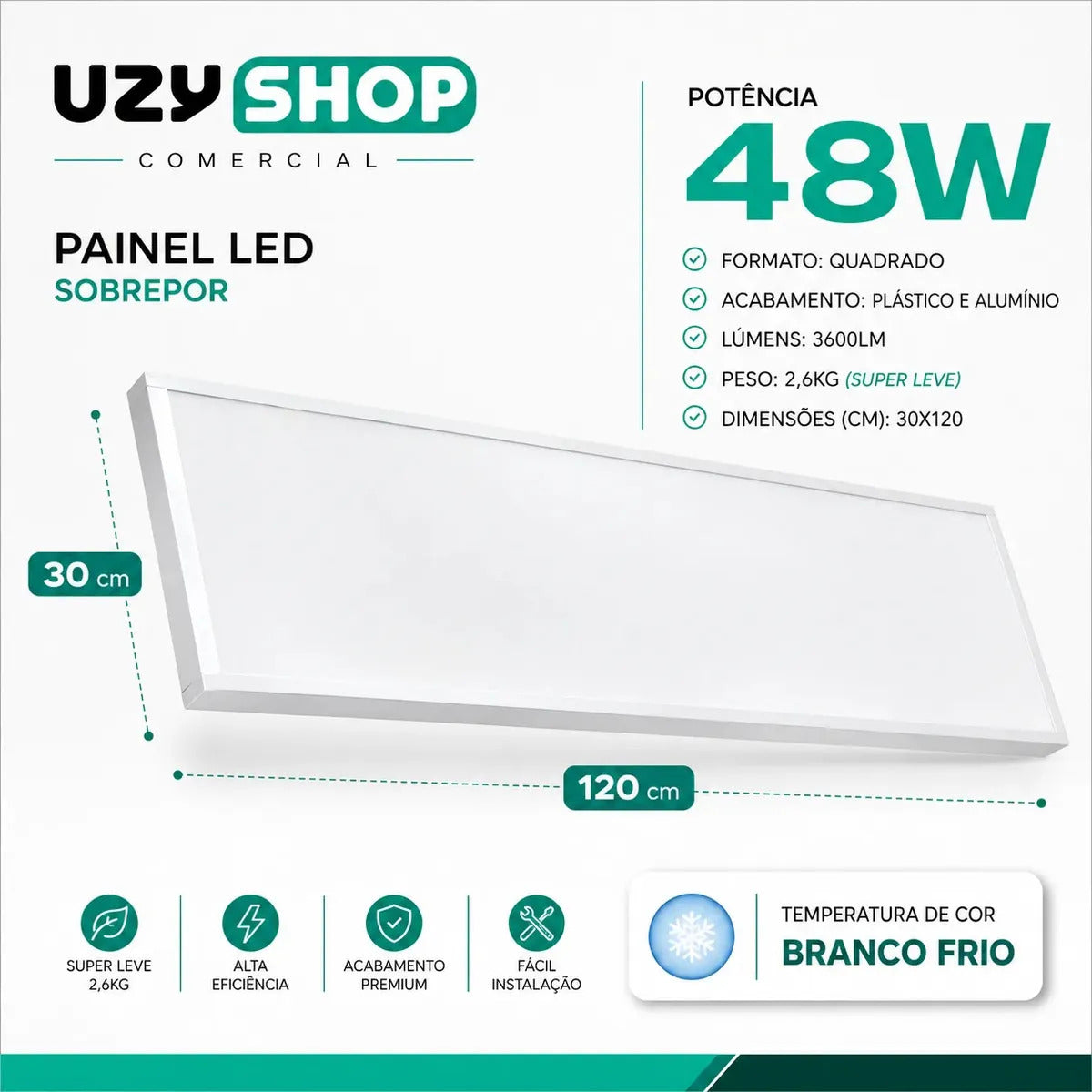 Painel Luminária 120x30cm Plafon Retangular Led Sobrepor 48w 6500k Bivolt