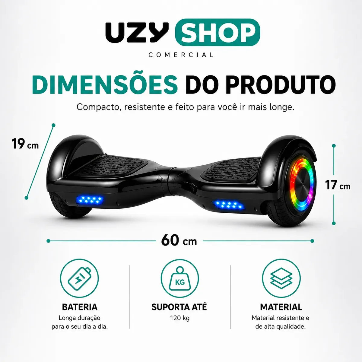 Hoverboard Infantil 6.5 Polegadas LED Bluetooth 600W Motor Duplo