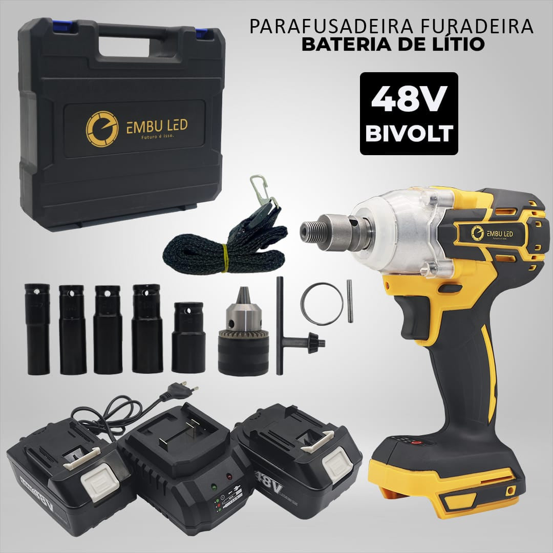 Parafusadeira Furadeira E Chave De Impacto Sem Fio 48v 2 Bat - Uzy Shop