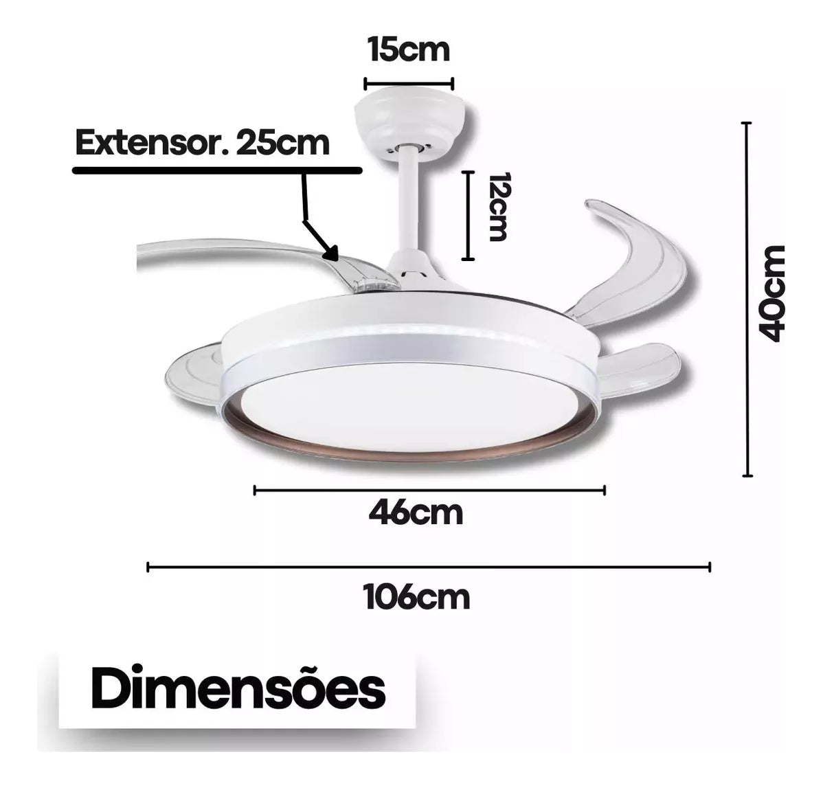 Ventilador de Teto LED Retrátil 46cm 6 Velocidades Controle Remoto Bivolt Branco com Pás Transparentes - Conforto e Elegância - Uzy Shop