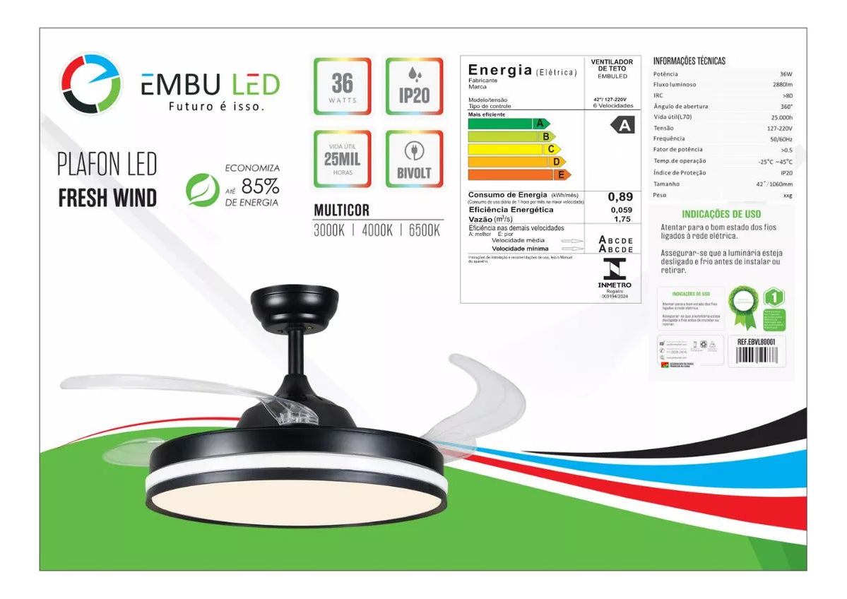 Ventilador Teto Retratil Controle Remoto Led 3 Cores 4 Pás - Uzy Shop