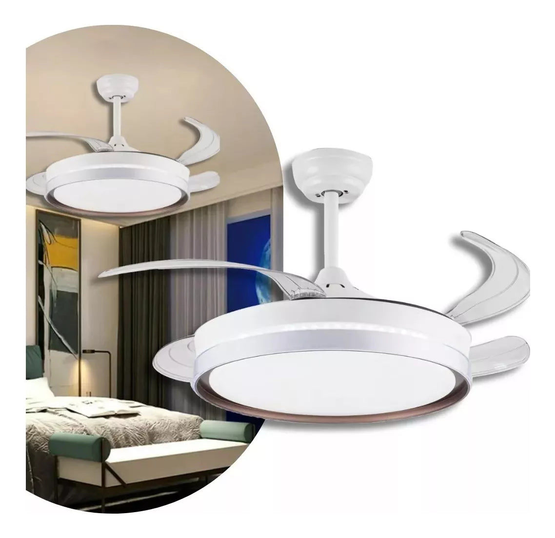 Ventilador de Teto LED Retrátil 46cm 6 Velocidades Controle Remoto Bivolt Branco com Pás Transparentes - Conforto e Elegância - Uzy Shop