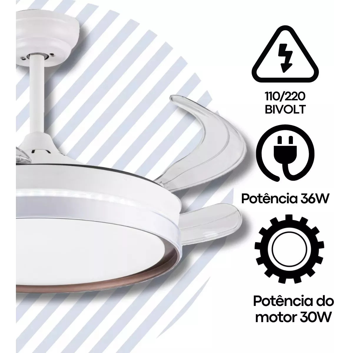 Ventilador de Teto LED Retrátil 46cm 6 Velocidades Controle Remoto Bivolt Branco com Pás Transparentes - Conforto e Elegância - Uzy Shop