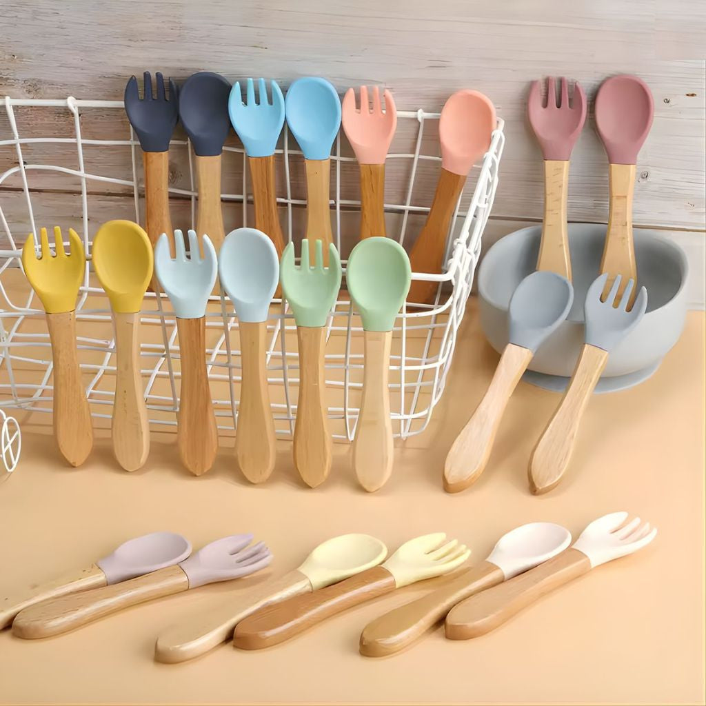 Talheres Infantil Colher E Garfo De Silicone Cabo De Bambu