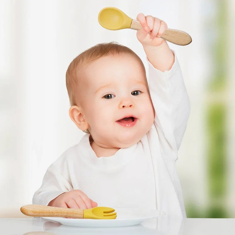Talheres Infantil Colher E Garfo De Silicone Cabo De Bambu