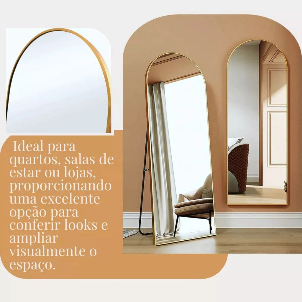 Espelho Corpo Inteiro 147x37 Cantos Arredondados Moldura Preta, Prata ou Dourado