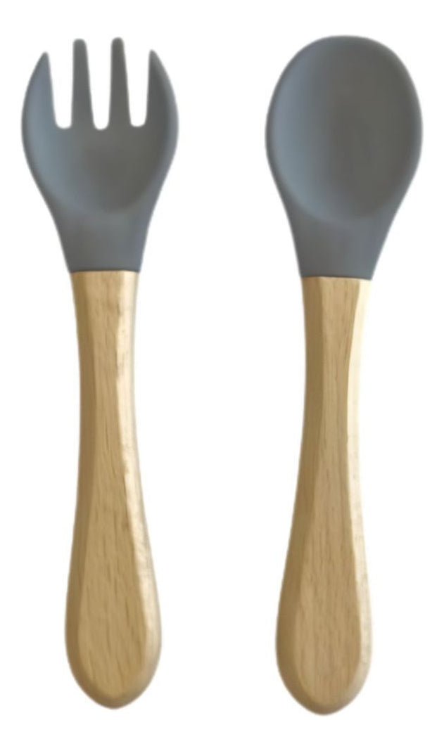 Talheres Infantil Colher E Garfo De Silicone Cabo De Bambu