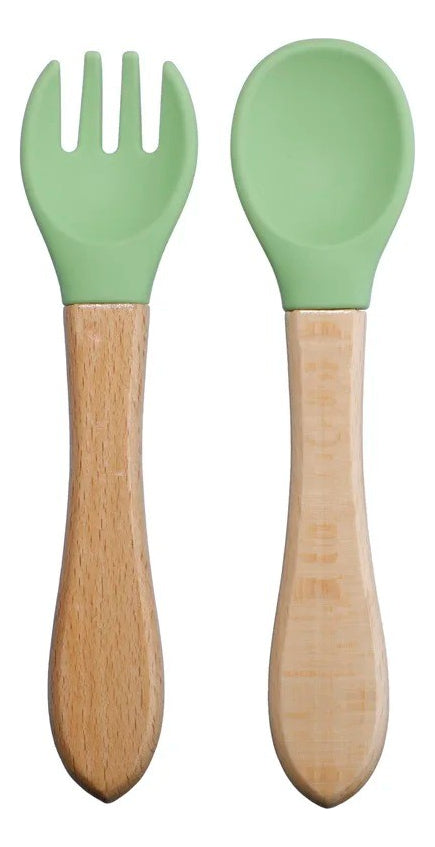 Talheres Infantil Colher E Garfo De Silicone Cabo De Bambu