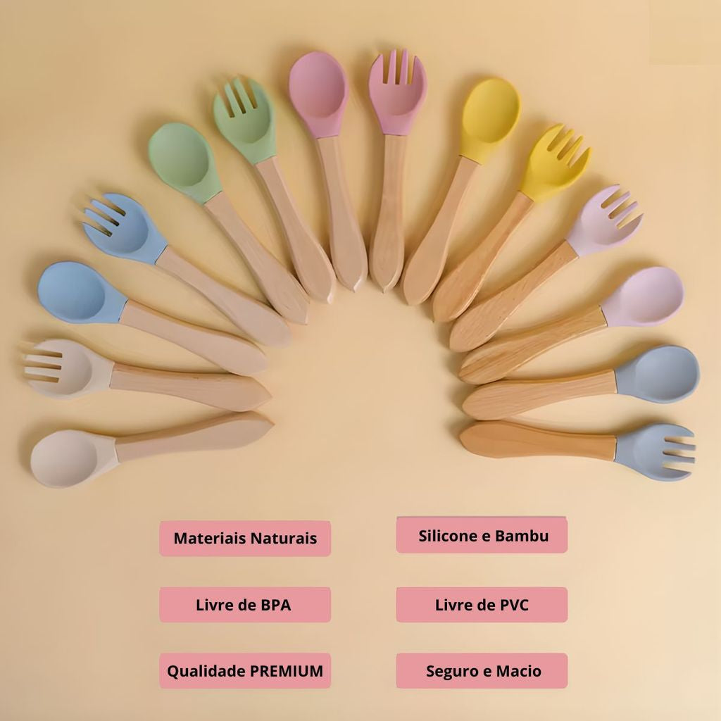 Talheres Infantil Colher E Garfo De Silicone Cabo De Bambu