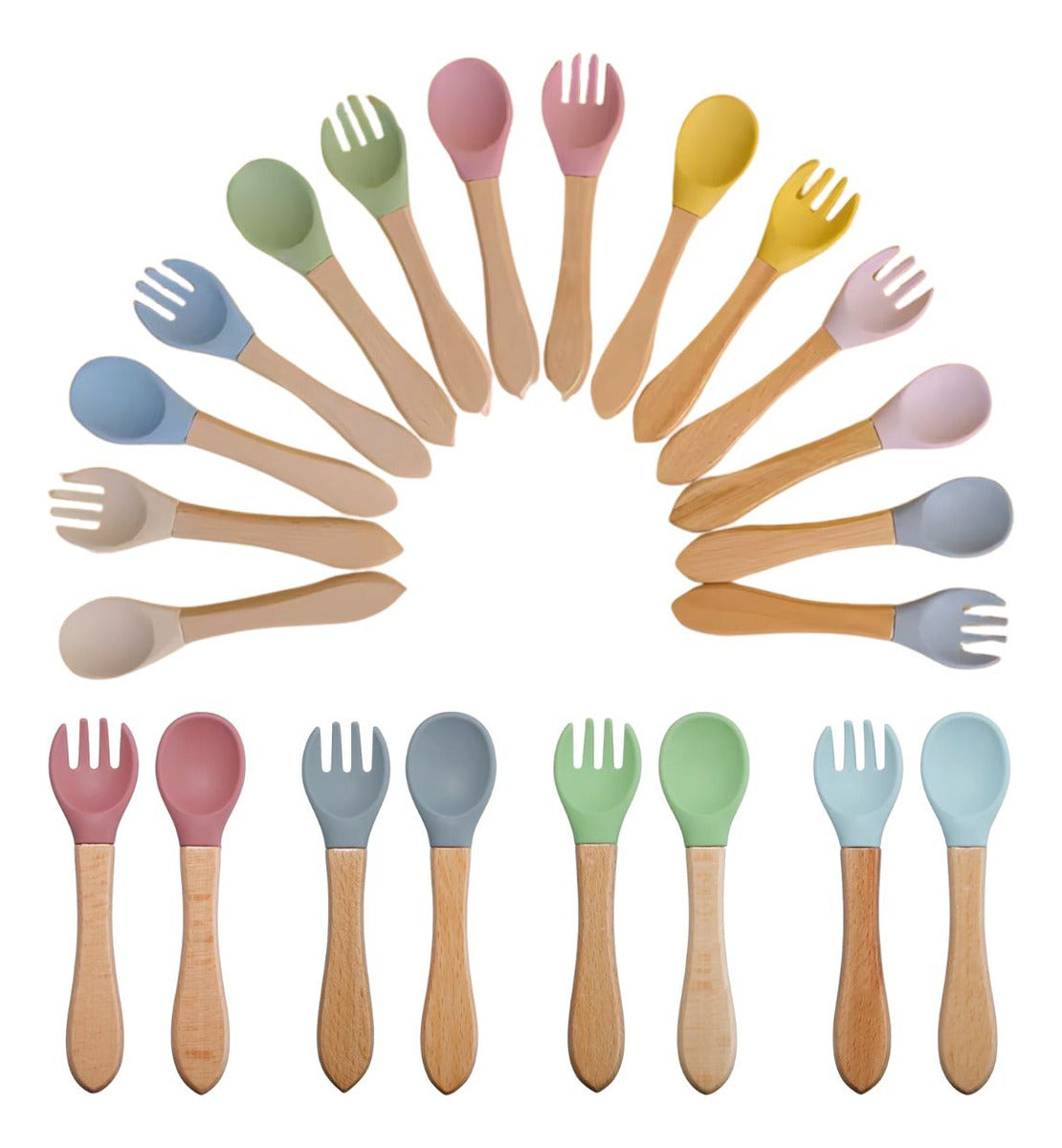Talheres Infantil Colher E Garfo De Silicone Cabo De Bambu