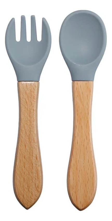 Talheres Infantil Colher E Garfo De Silicone Cabo De Bambu