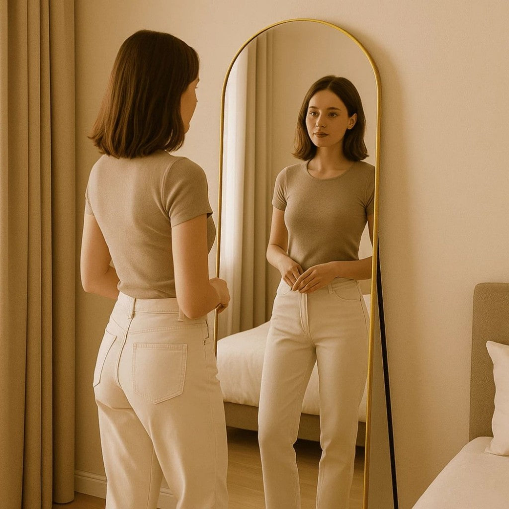 Espelho Corpo Inteiro 147x37 Cantos Arredondados Moldura Preta, Prata ou Dourado