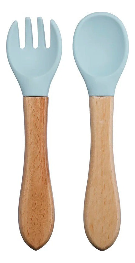 Talheres Infantil Colher E Garfo De Silicone Cabo De Bambu