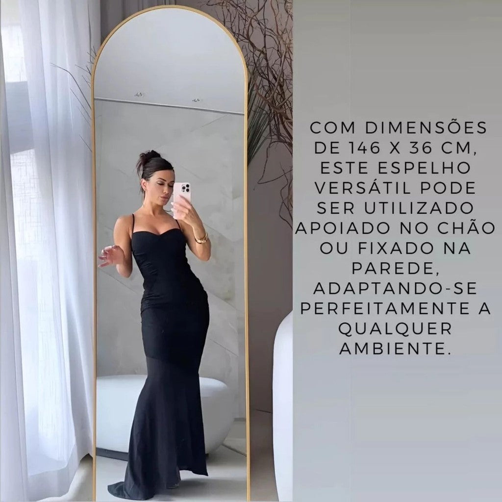Espelho Corpo Inteiro 147x37 Cantos Arredondados Moldura Preta, Prata ou Dourado