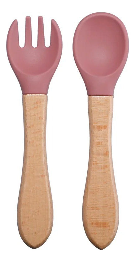 Talheres Infantil Colher E Garfo De Silicone Cabo De Bambu