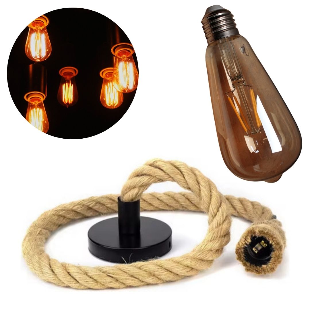 Kit Pendente Corda Sisal Retro 1M + Lâmpada LED Filamento 4W – Iluminação Vintage e Aconchegante! - Uzy Shop