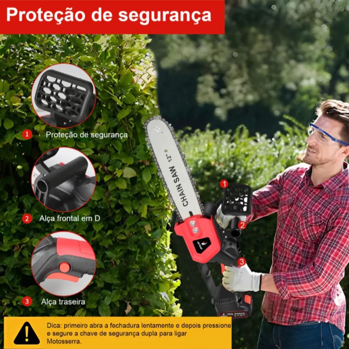Motosserra Elétrica 1200W 12" com 2 Baterias 108V Sabre 30cm Leve 2,4kg para