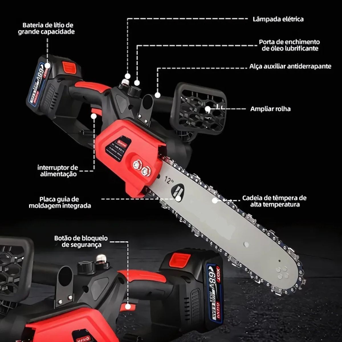 Motosserra Elétrica 1200W 12" com 2 Baterias 108V Sabre 30cm Leve 2,4kg para