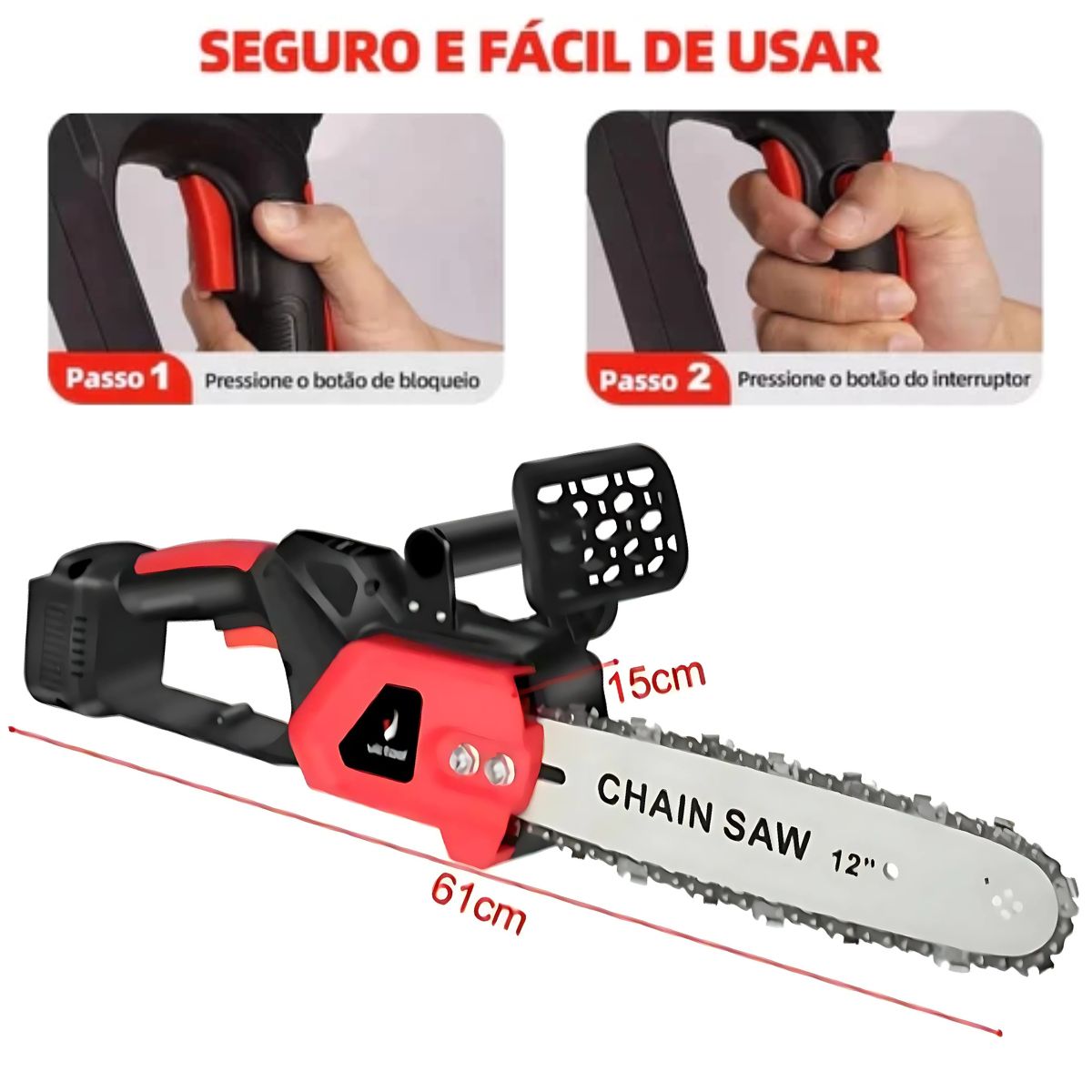 Motosserra Elétrica 1200W 12" com 2 Baterias 108V Sabre 30cm Leve 2,4kg para