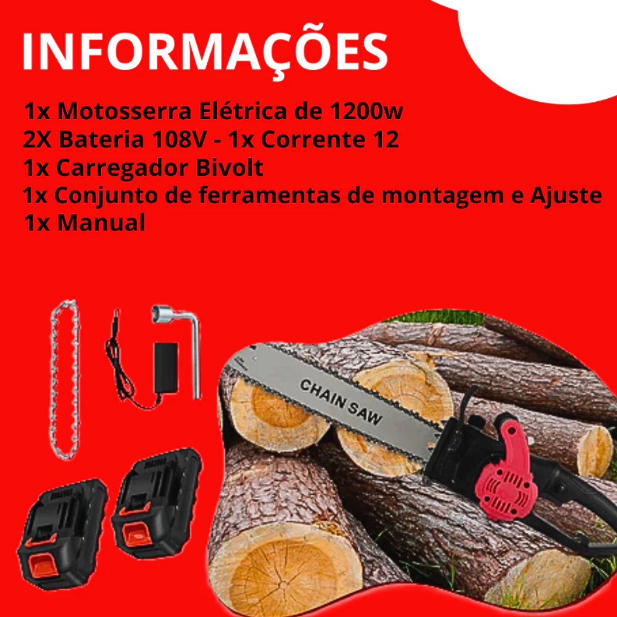 Motosserra Elétrica 1200W 12" com 2 Baterias 108V Sabre 30cm Leve 2,4kg para